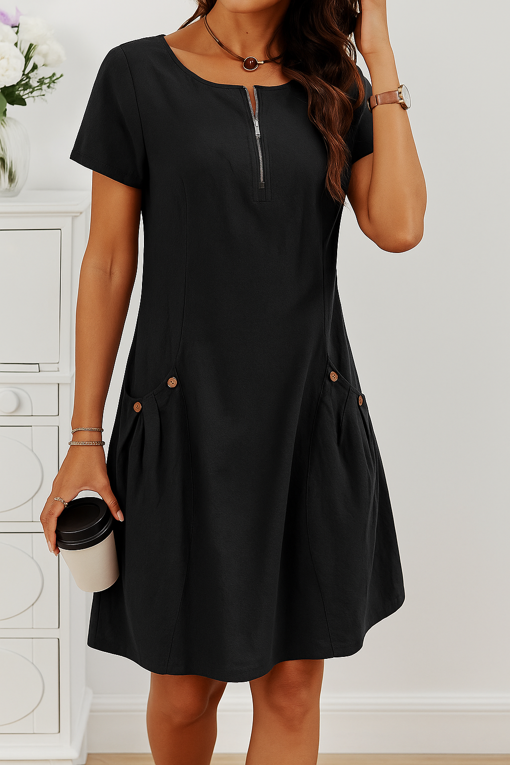 Everyday loose fit summer dress for women, knee-length with zip front, short sleeves & patch pockets.