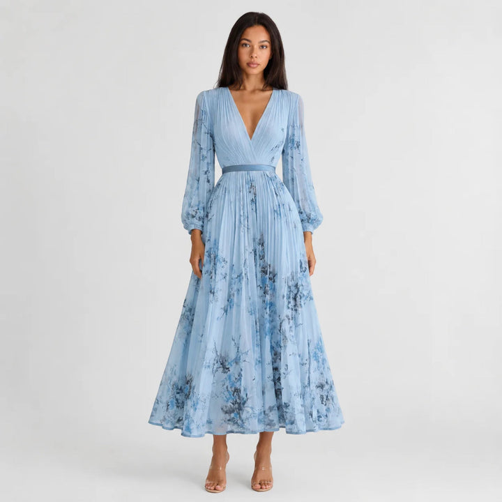 Women's Summer Floral Pleated A-Line Midi Dress, elegant V-neck design for vacation.