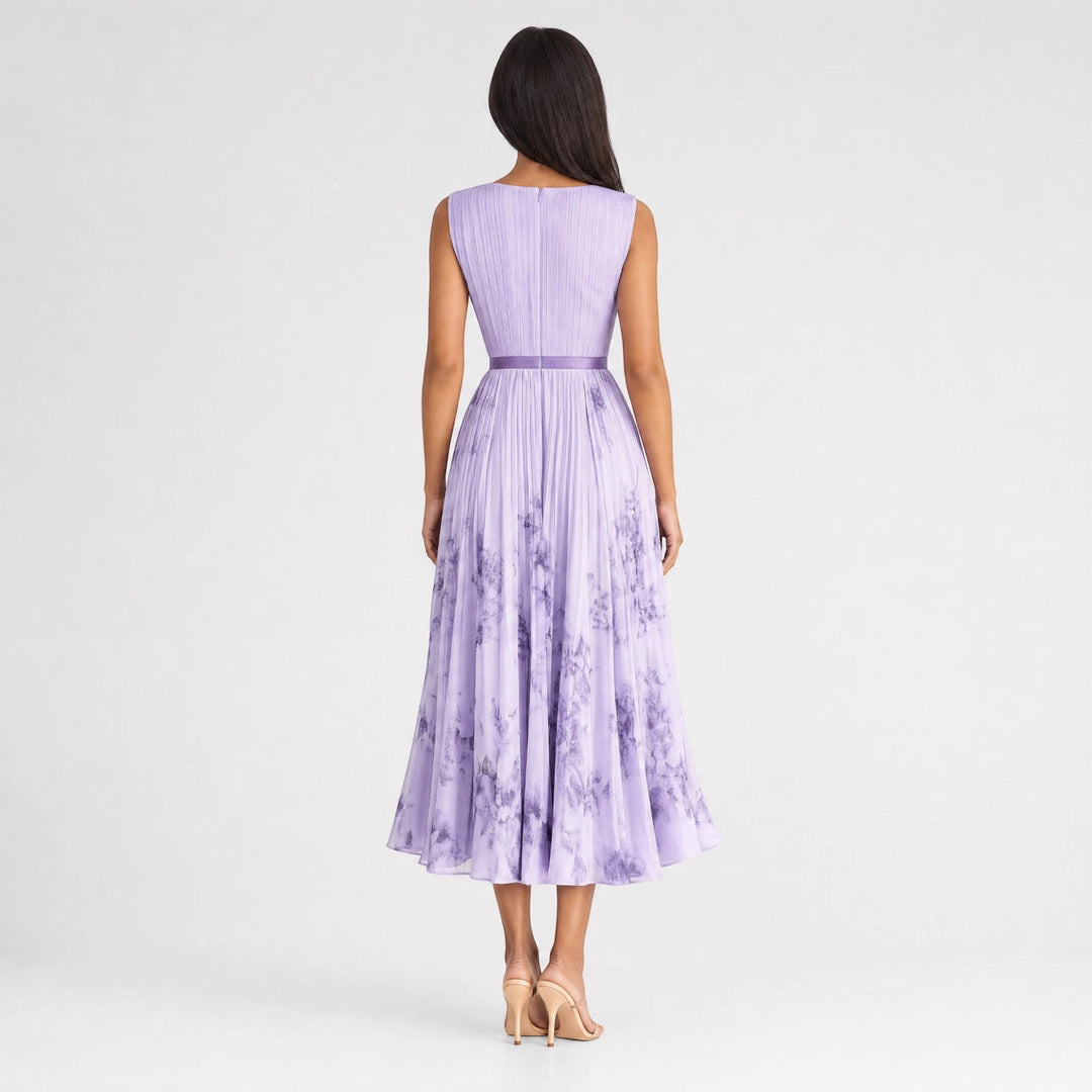 Summer women's V-neck floral midi dress, pleated A-line, sophisticated vacation wear.