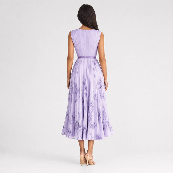 Summer women's V-neck floral midi dress, pleated A-line, sophisticated vacation wear.