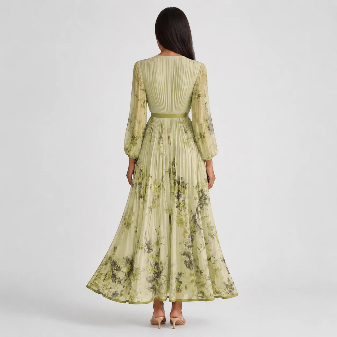 Women's floral pleated midi dress, A-line cut, V-neck, ideal for elegant summer parties.