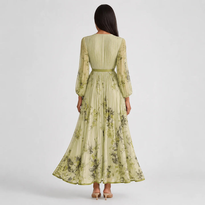 Women's floral pleated midi dress, A-line cut, V-neck, ideal for elegant summer parties.