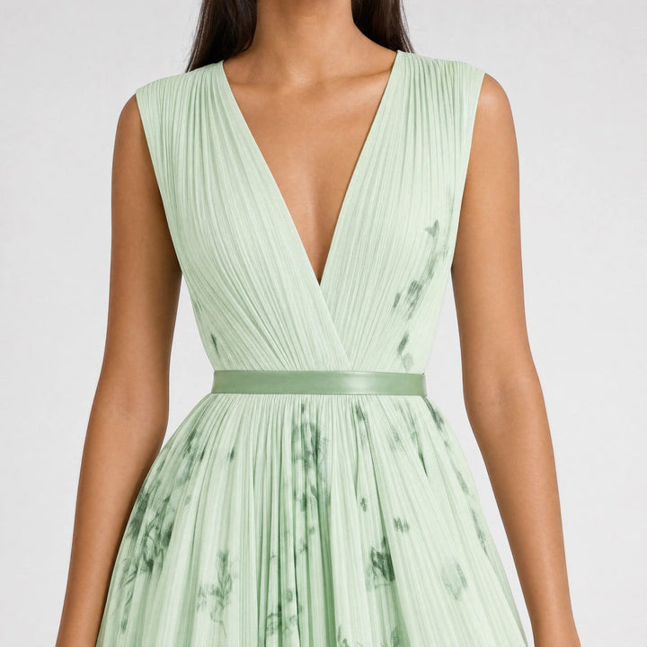 Sophisticated women's V-neck floral midi dress, pleated A-line for summer elegance.