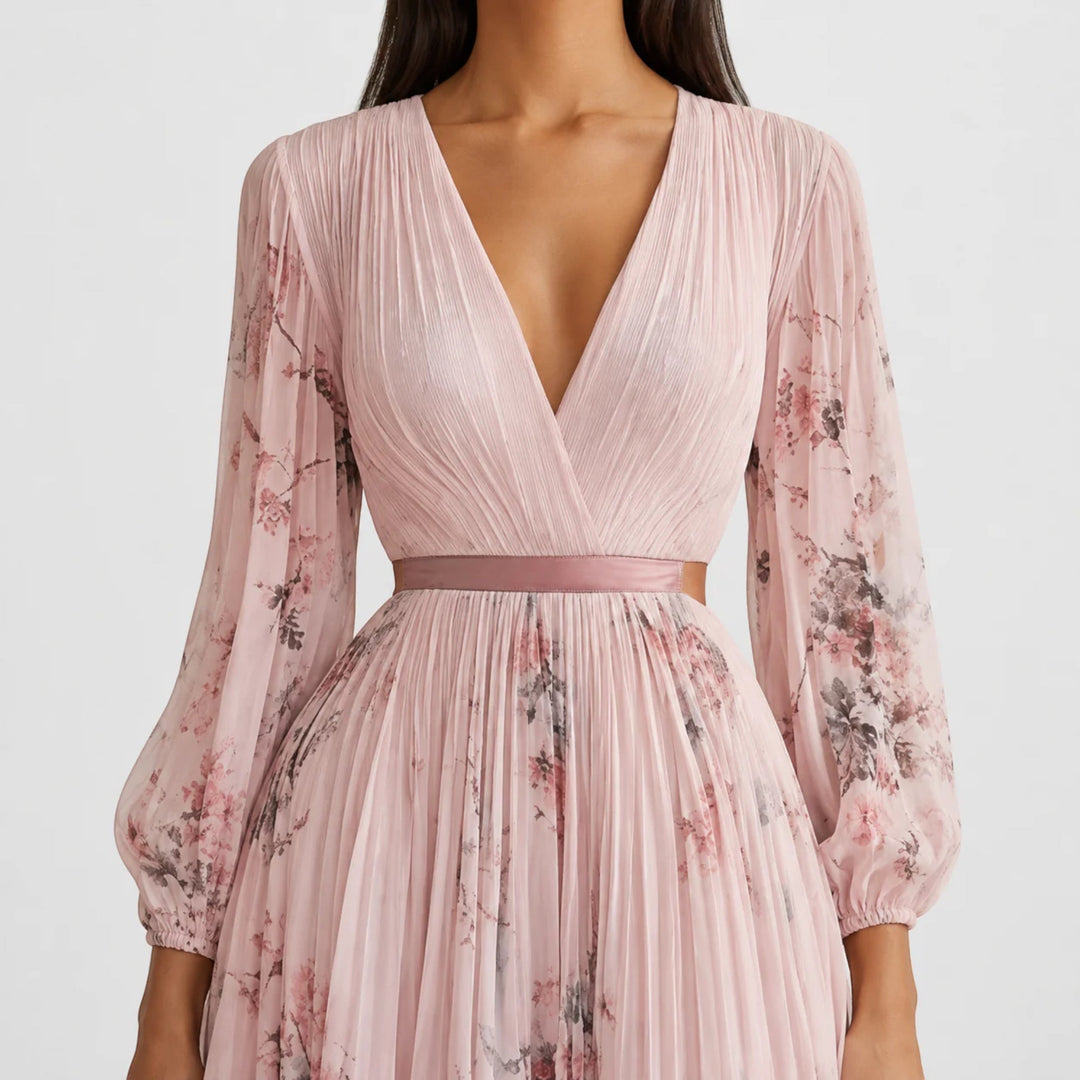 Elegant women's summer midi dress, pleated A-line floral design, sleeveless & chic.