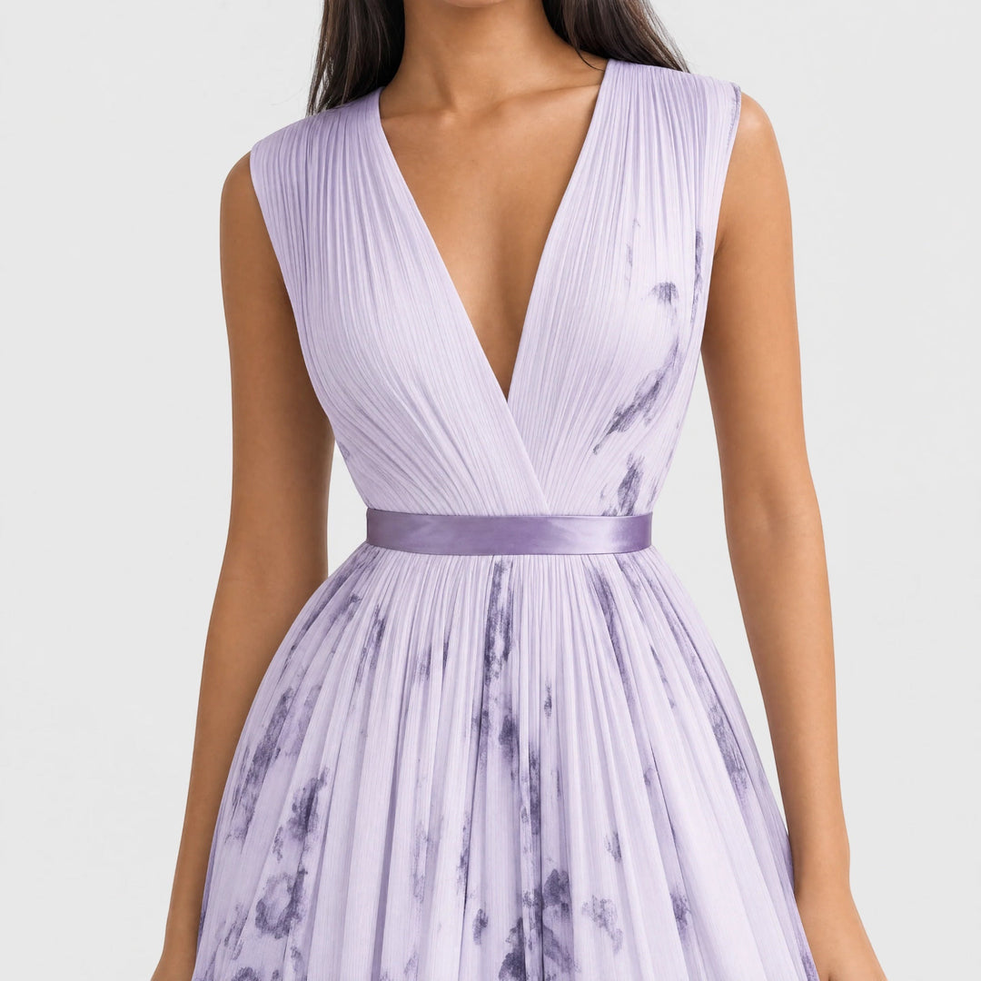 Women's summer floral midi dress, pleated A-line style with a flattering V-neck.