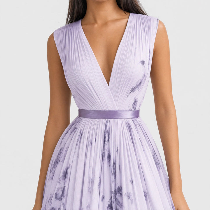 Women's summer floral midi dress, pleated A-line style with a flattering V-neck.