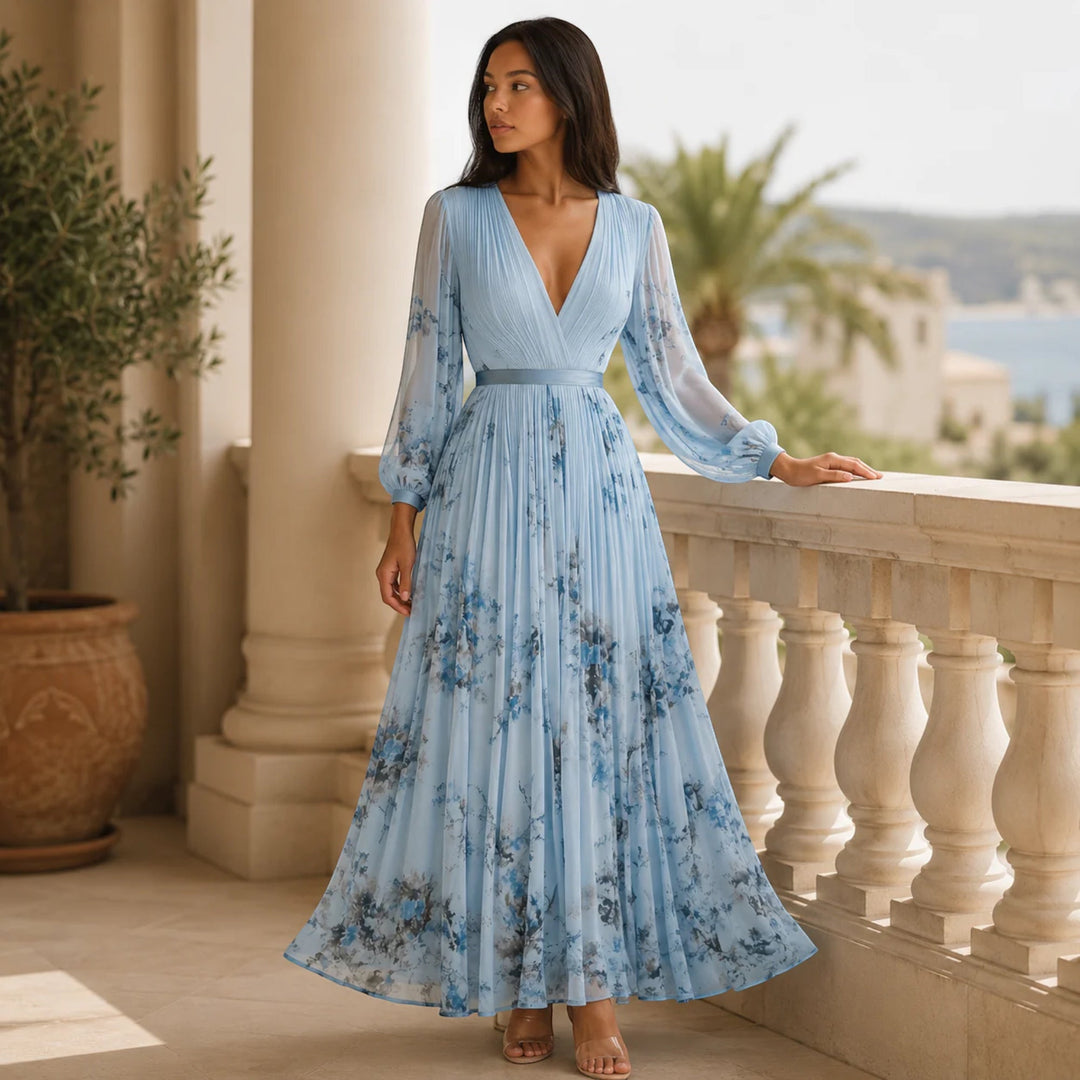 Party-perfect women's floral A-line midi dress, pleated design, elegant for summer.