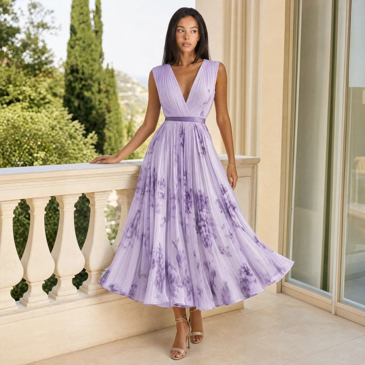 Sophisticated women's summer floral midi dress, pleated A-line with V-neckline.