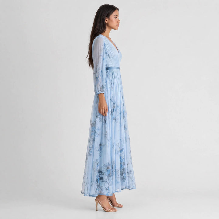 Women's summer midi dress, vibrant floral print, pleated A-line, V-neck, vacation ready.