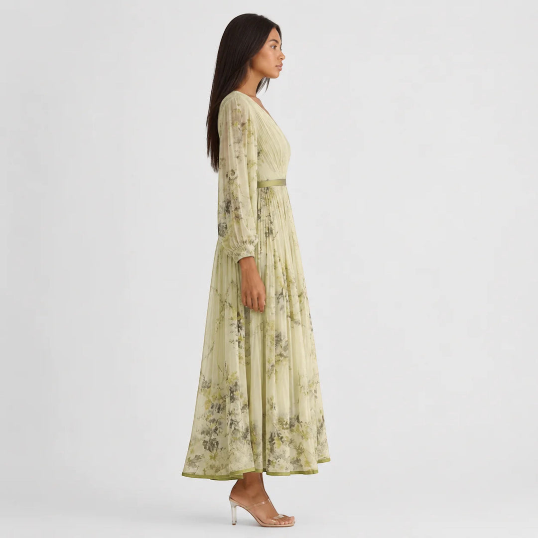 Elegant women's V-neck floral midi dress, pleated A-line, perfect for sophisticated summer events.