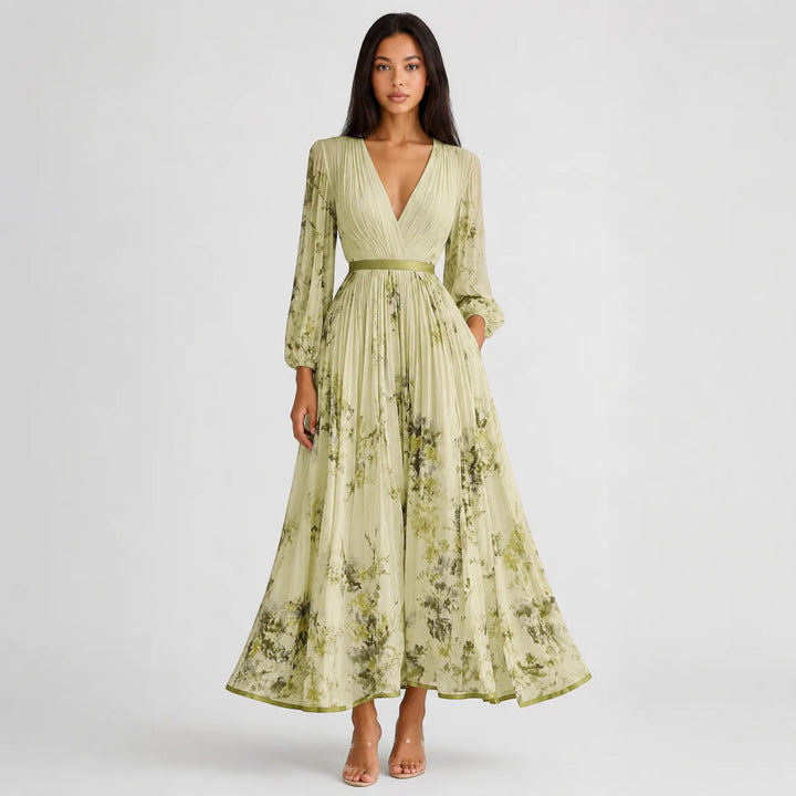 Casual women's floral pleated A-Line midi dress, V-neck summer wear, ideal for parties.