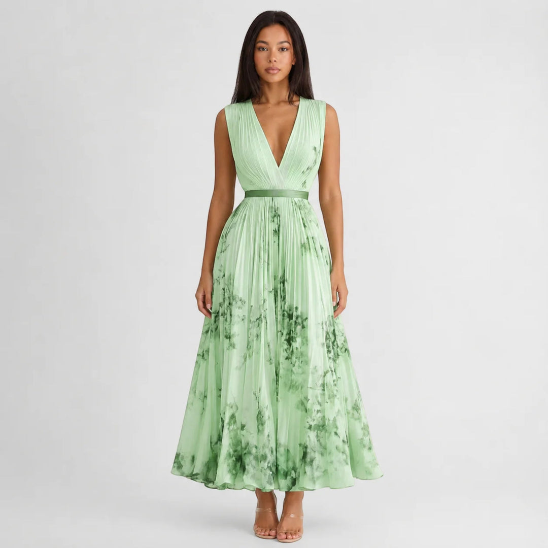 Elegant women's V-neck floral midi dress, pleated A-line style, perfect for summer occasions.