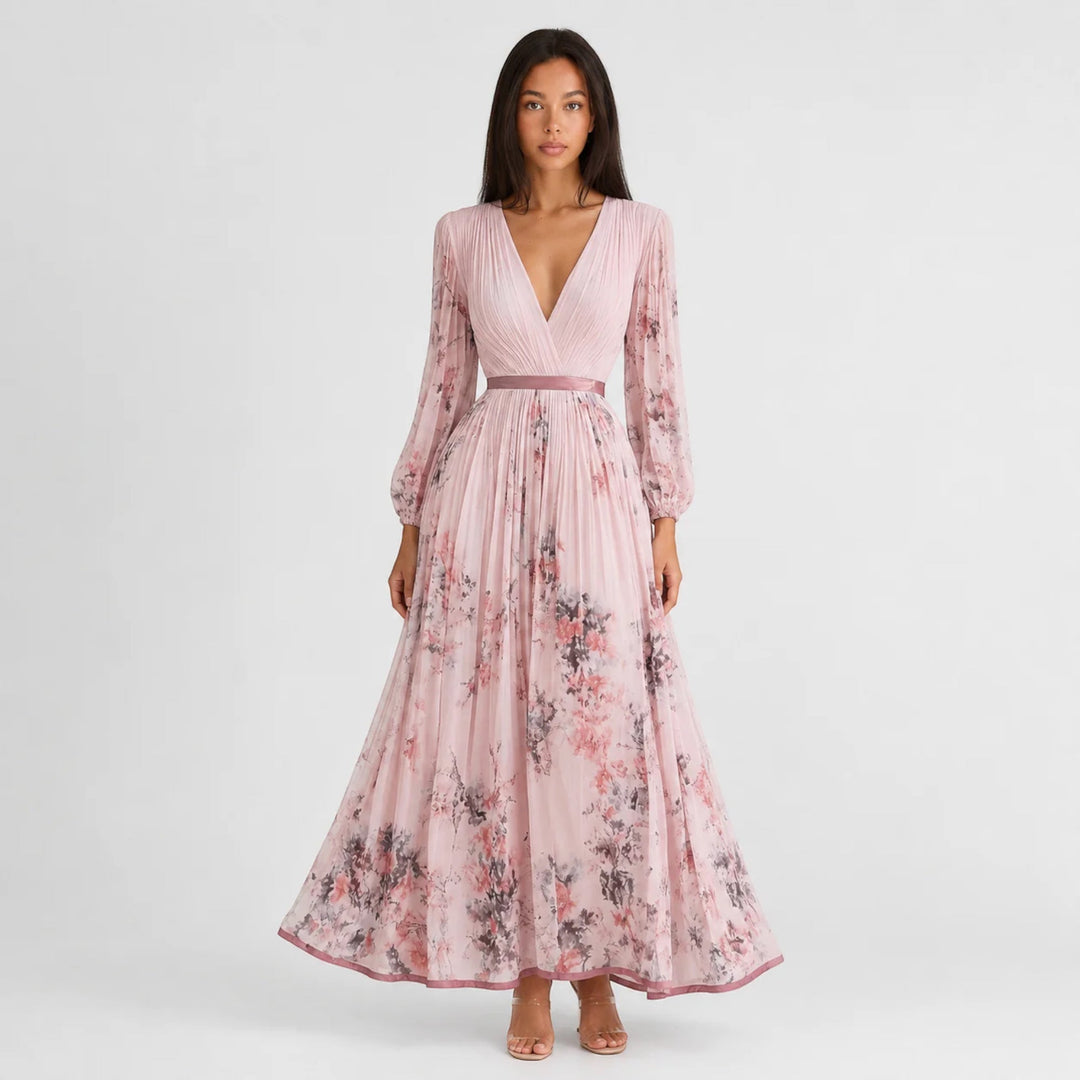 Vibrant floral pleated A-line midi dress for women, stylish V-neck summer casual wear.