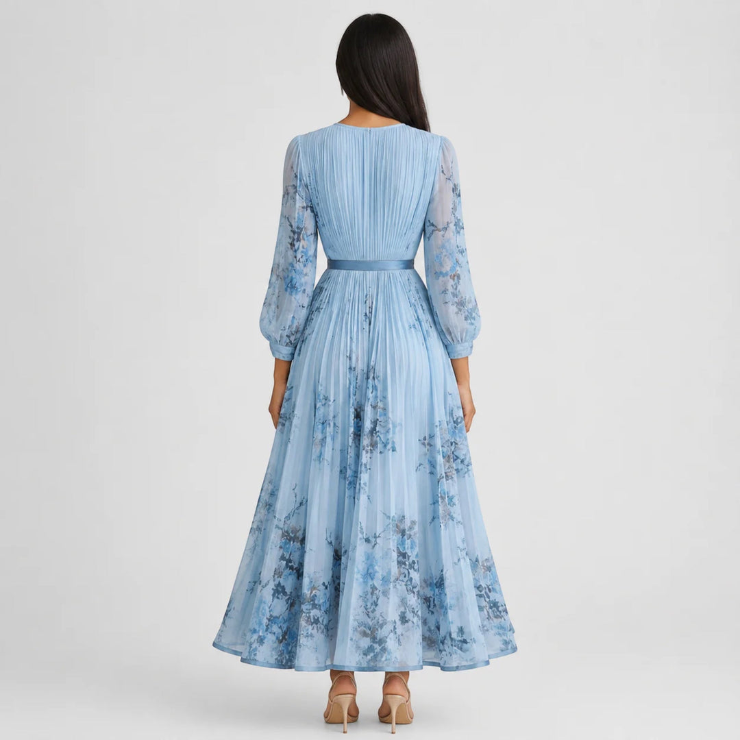 Sophisticated women's summer midi dress, floral pleated A-line cut, great for vacation.
