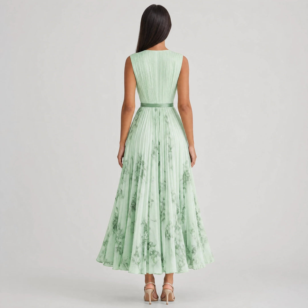 Women's casual floral A-line midi dress, pleated design, V-neck, perfect for summer parties.