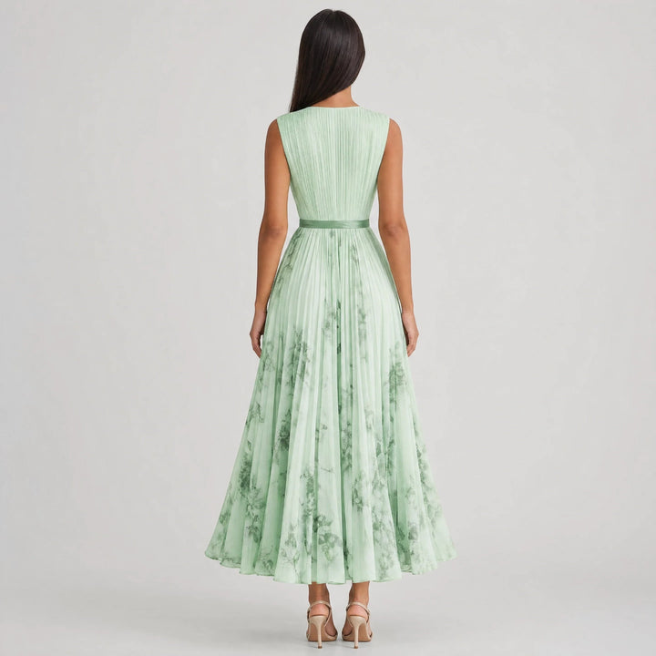 Women's casual floral A-line midi dress, pleated design, V-neck, perfect for summer parties.