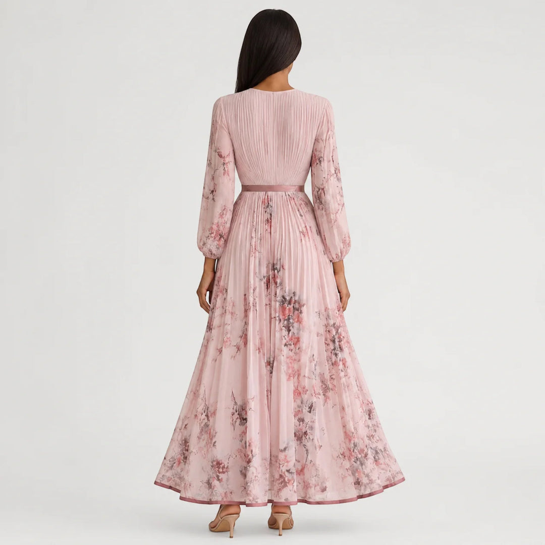 Elegant women's sleeveless midi dress, summer floral pleated A-line silhouette.