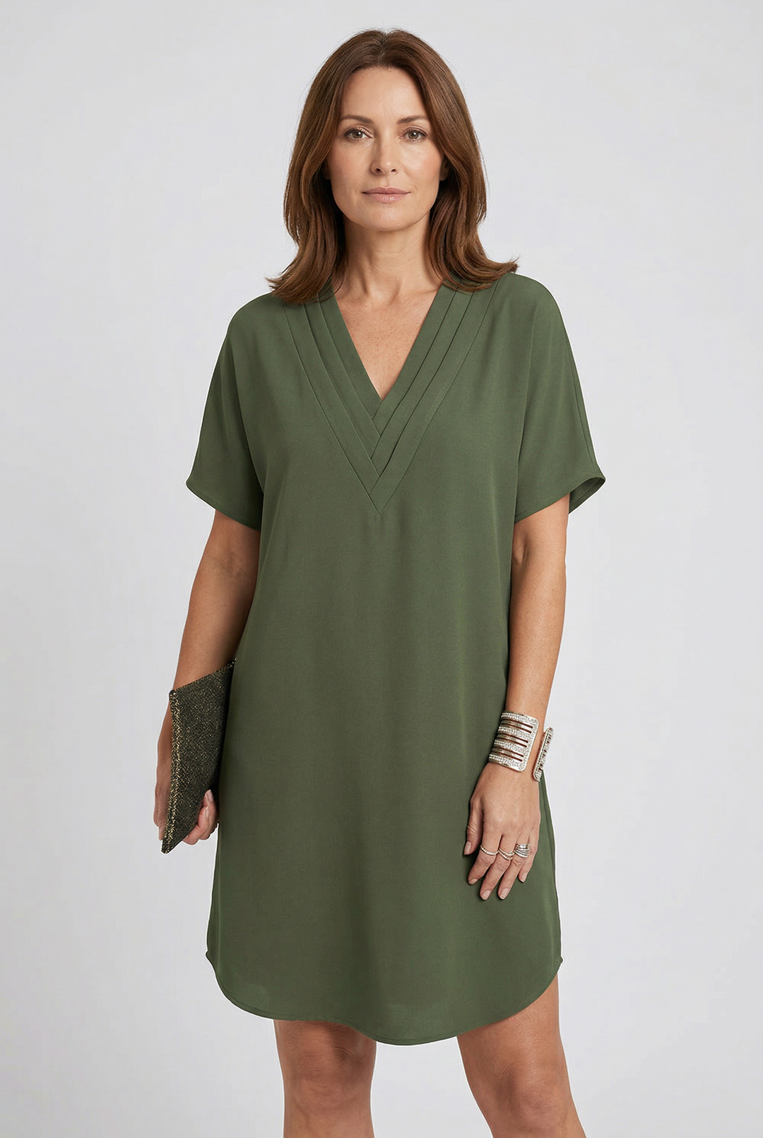 Women's summer V-neck mini dress with flowy short sleeves. Casual & elegant day or evening wear.
