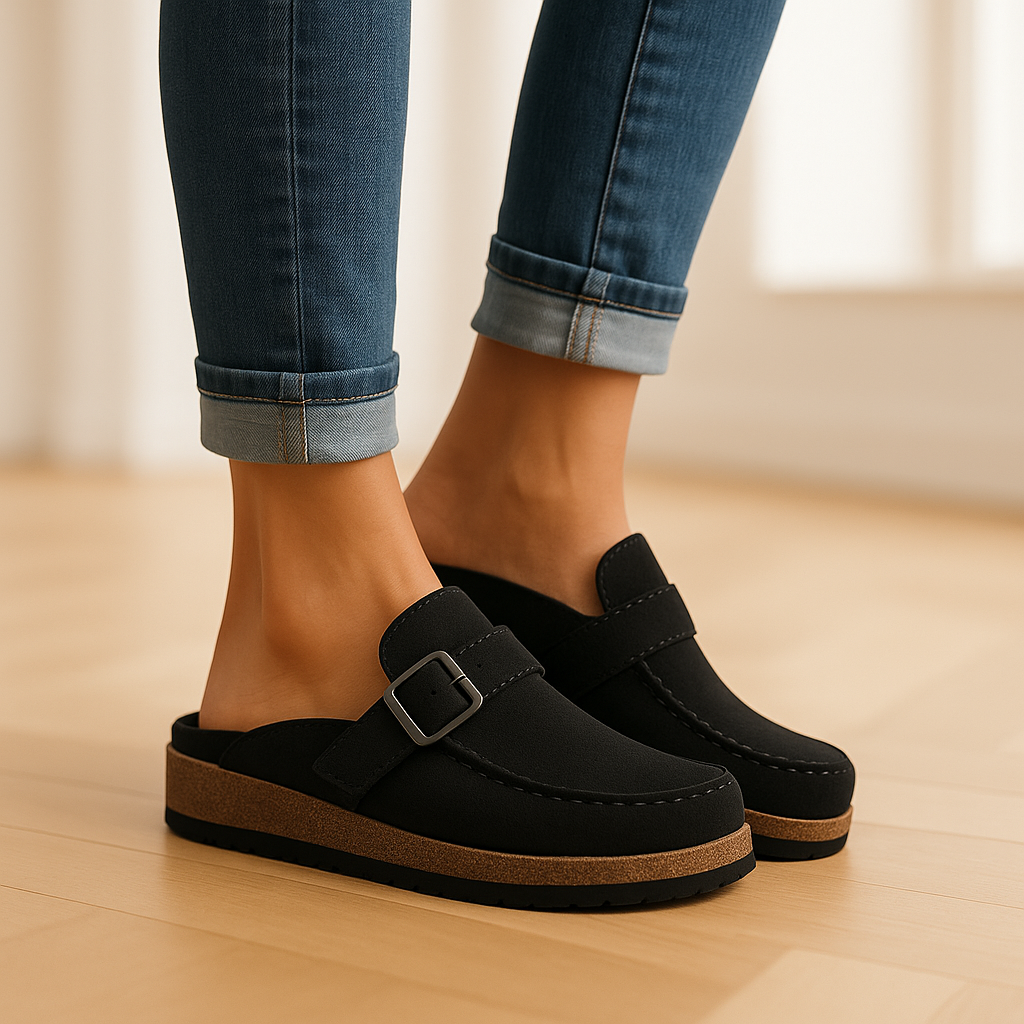 Close-up of women's lightweight casual buckle sandals, showcasing comfortable footbed.