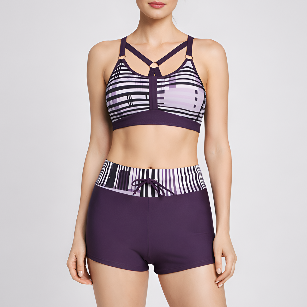 Comfortable women's supportive high-waist bikini shorts set. Stylish two-piece swimwear for summer, beach & vacation.