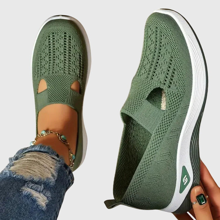 Grey women's supportive walking shoes, ideal for foot pain relief & casual daily comfort.