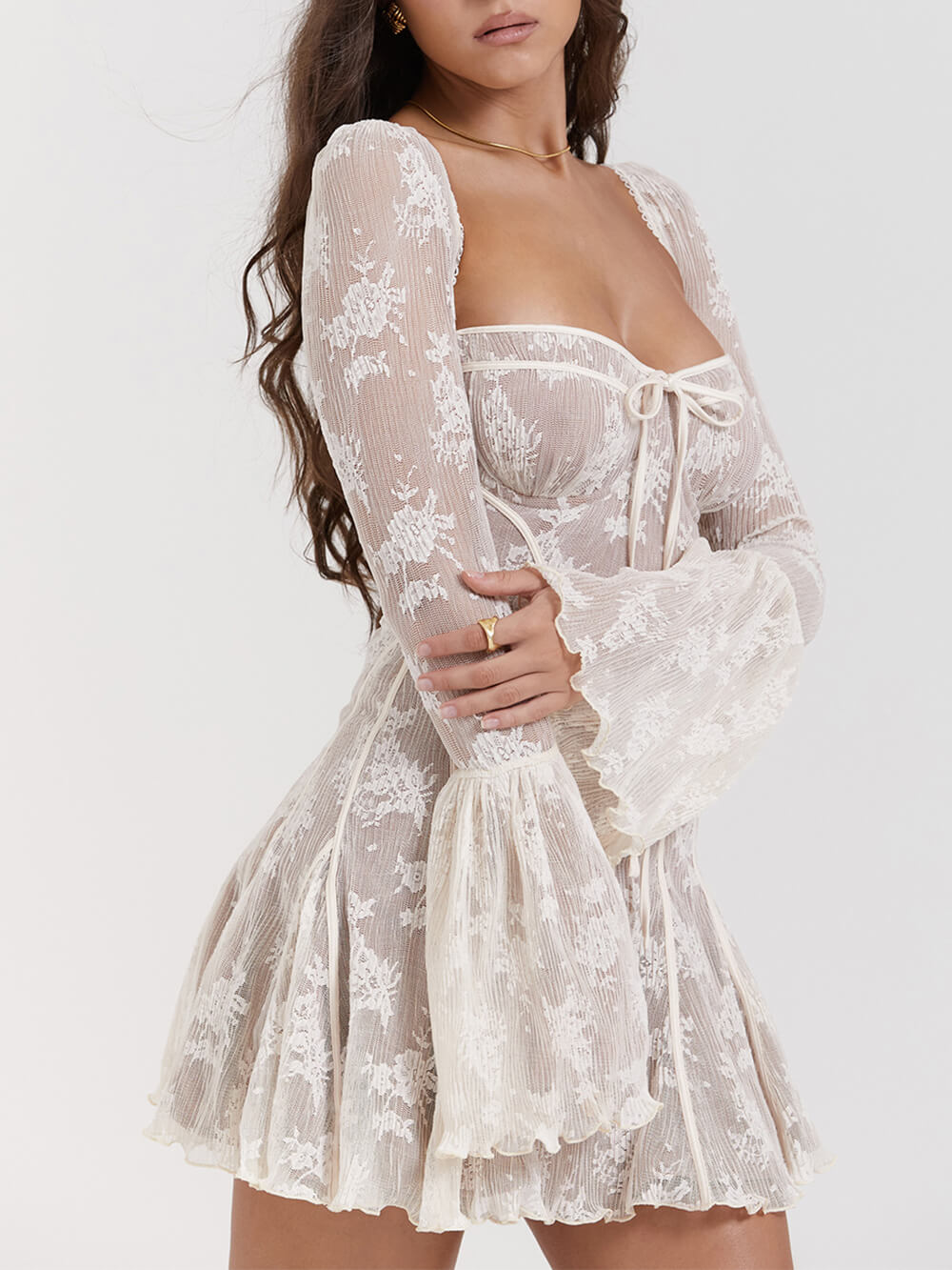 Charming women's mini party dress, features a flattering sweetheart neckline & stylish bell sleeves.