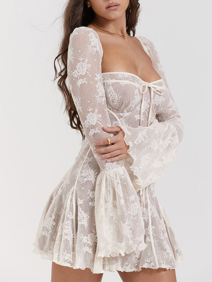 Charming women's mini party dress, features a flattering sweetheart neckline & stylish bell sleeves.