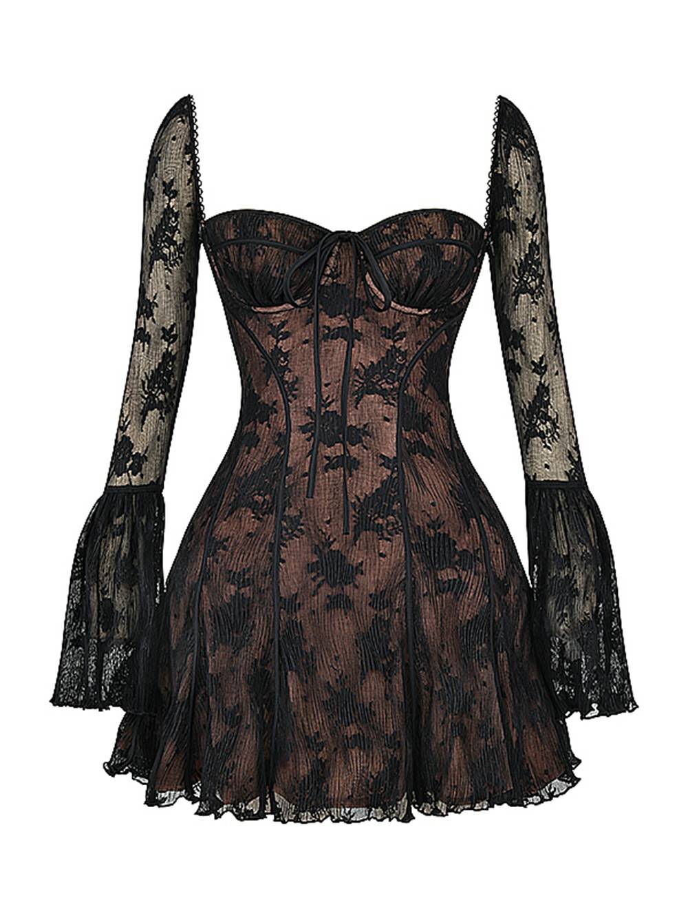 Women's special occasion mini dress with elegant sweetheart neckline & dramatic bell sleeves.