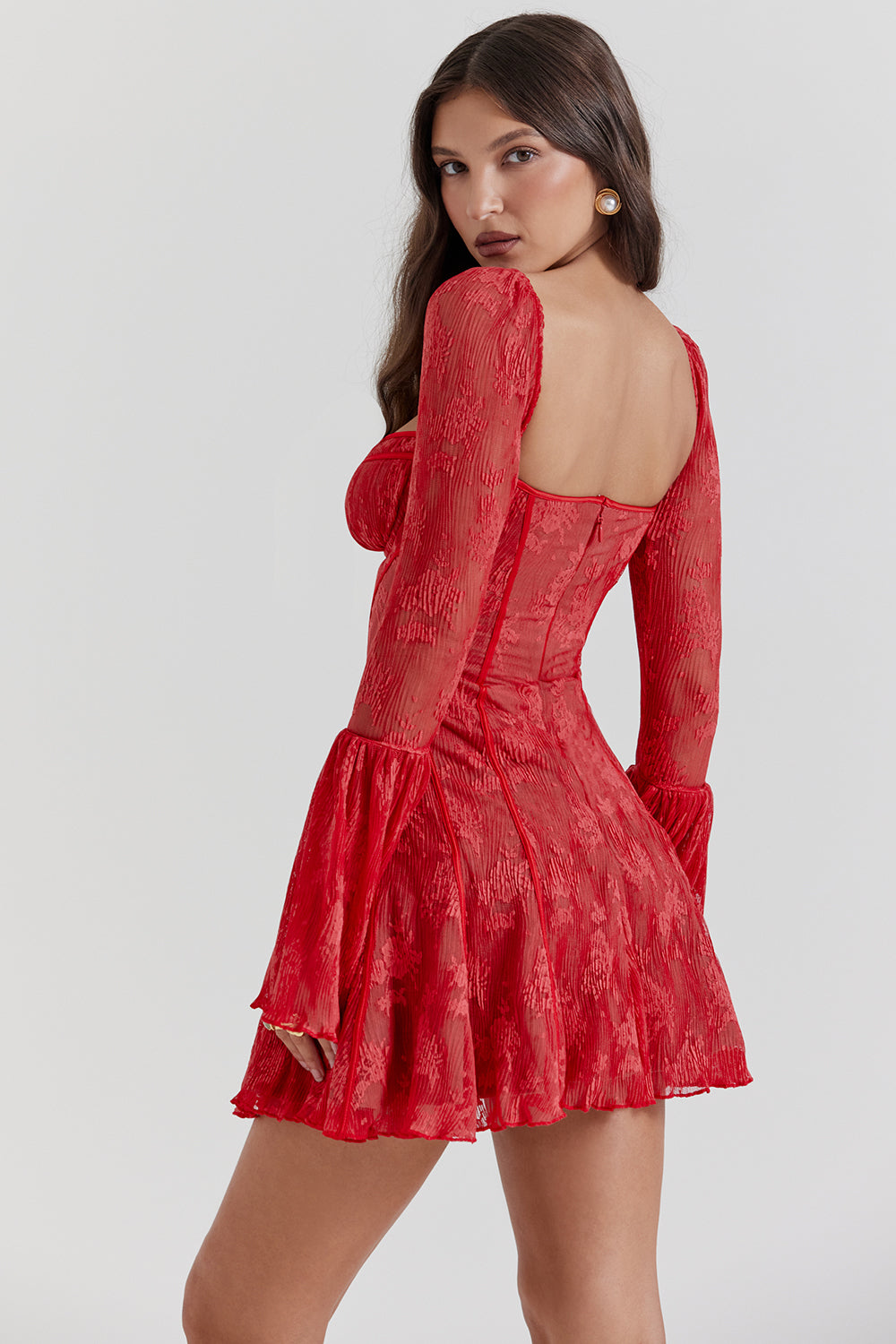Elegant bell-sleeve mini dress for women, perfect formal wear with a sweetheart neckline.