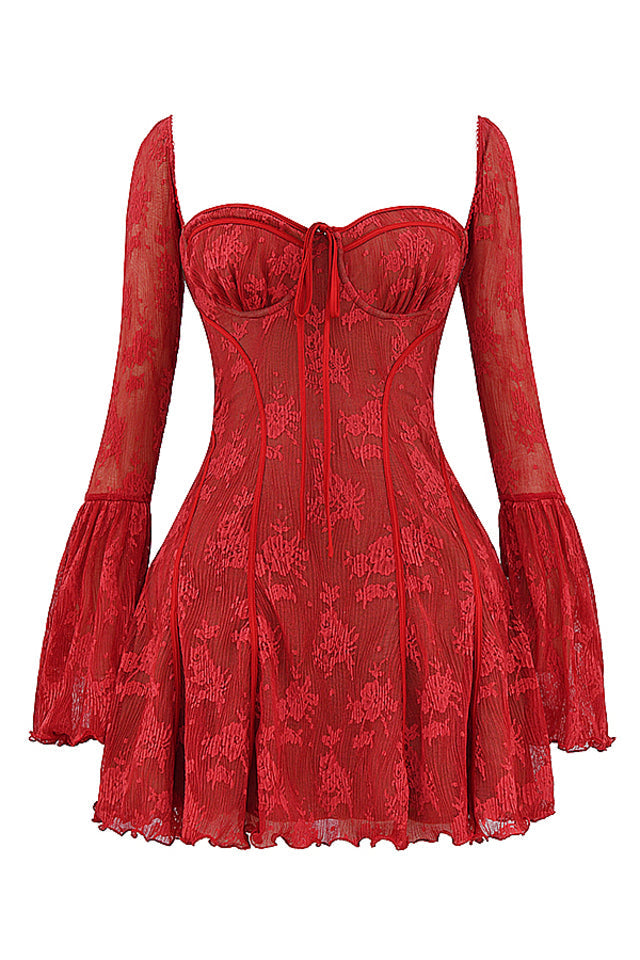 Sweetheart neckline mini dress for women, stylish bell sleeves for evening events.