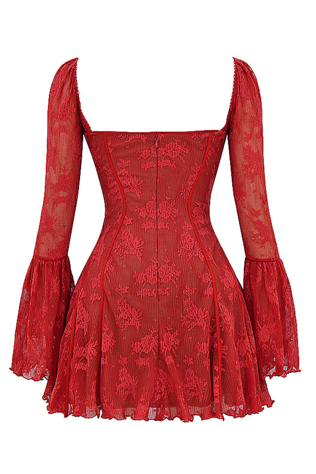 Formal women's mini dress, elegant sweetheart design & playful bell sleeves.