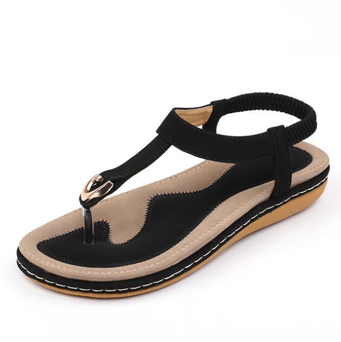 Everyday women's T-strap sandals, designed for comfort with an elastic back & cushioned walking support.