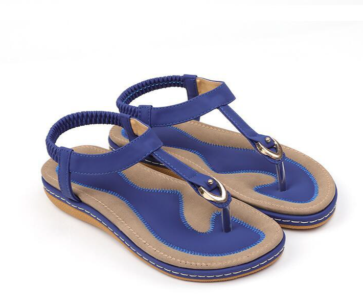 Women's casual T-strap sandals with elastic back, offering summer comfort & versatile flat footwear.