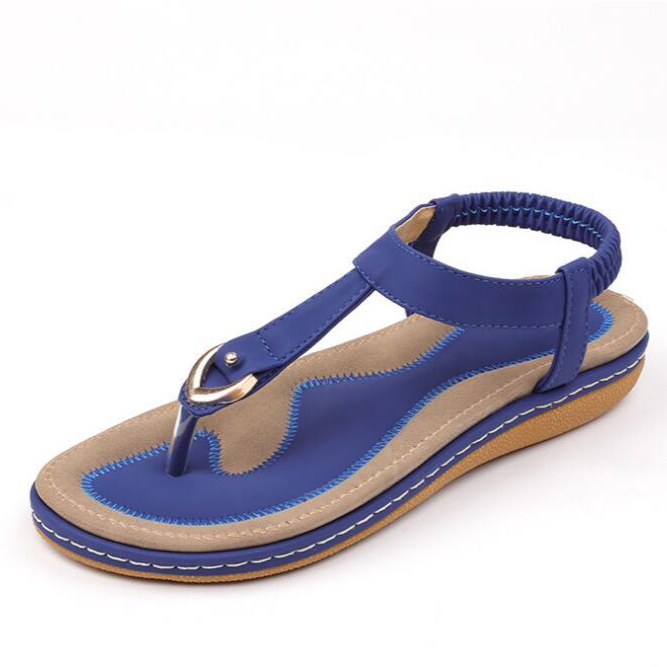 Soft women's T-strap comfort sandals with elastic back and cushioned footbed, great for summer walks.