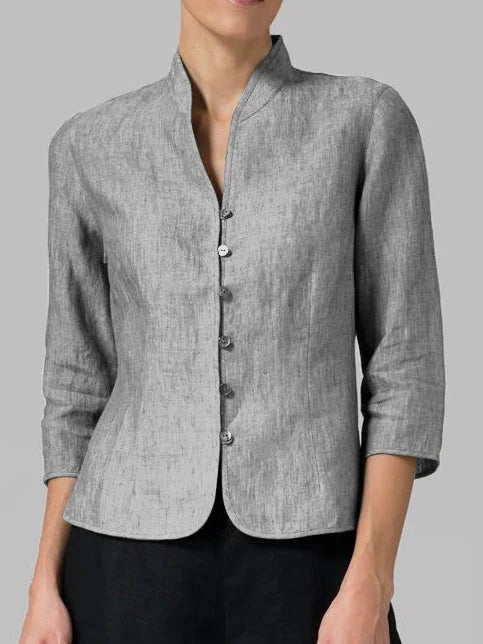 Stylish women's spring/fall jacket. Button-front, 3/4 sleeves, mandarin collar. Perfect for office, casual, elegant look.
