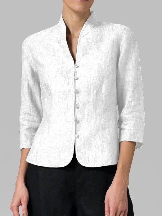 Elegant women's button-front jacket with 3/4 sleeves & mandarin collar. Tailored for a chic, versatile silhouette.