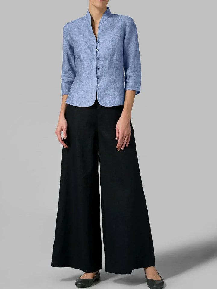 Women's tailored 3/4 sleeve jacket. Button-front, mandarin collar, peplum style. Chic for office & casual wear.