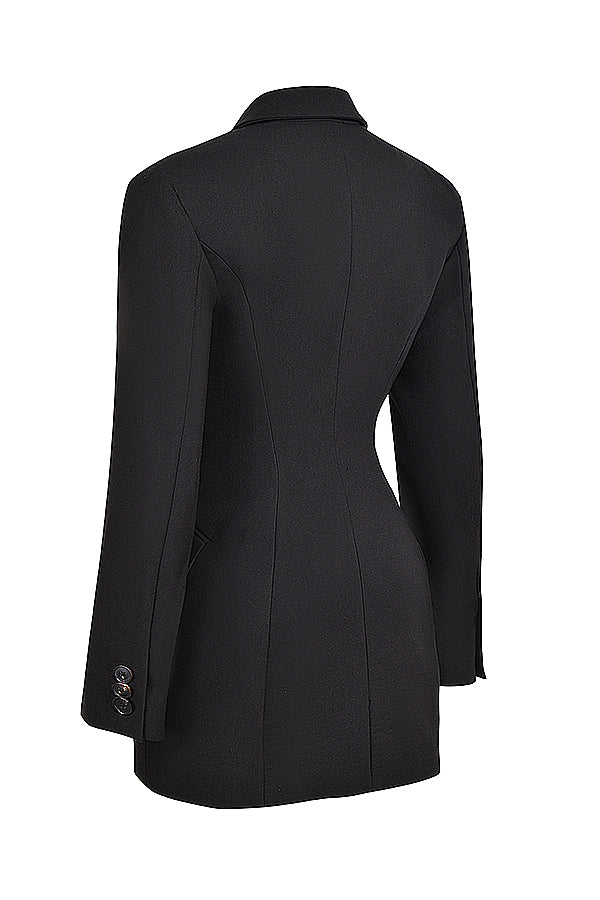 Sophisticated black tailored mini blazer dress for women, offering chic style for both office and evening.