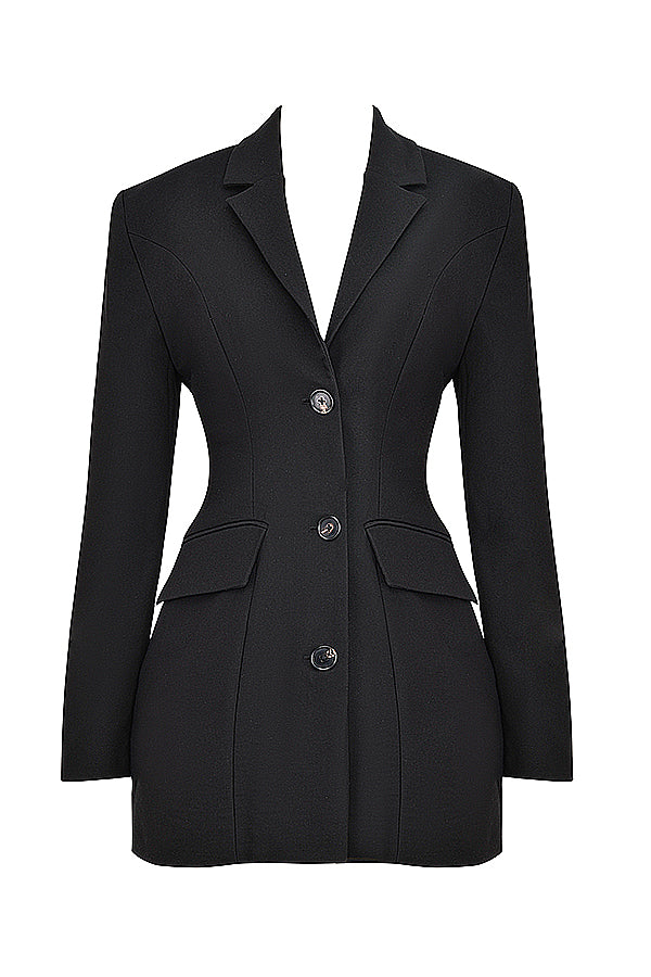 Fashionable women's black mini blazer dress, expertly tailored for a chic and sophisticated modern look.
