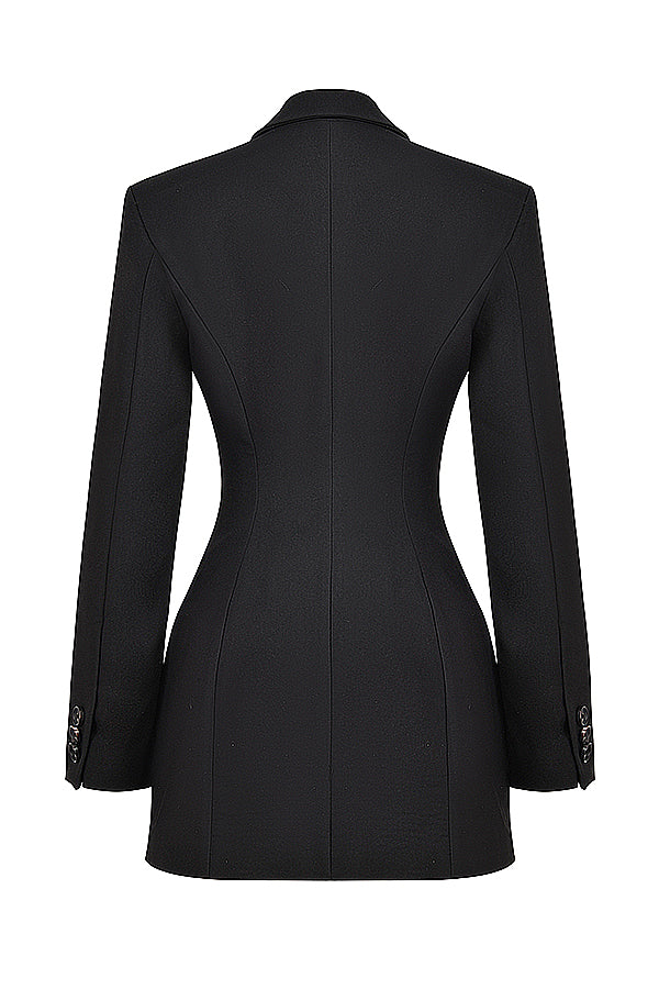 Elegant black tailored blazer mini dress, designed for women seeking sophisticated office wear or evening style.