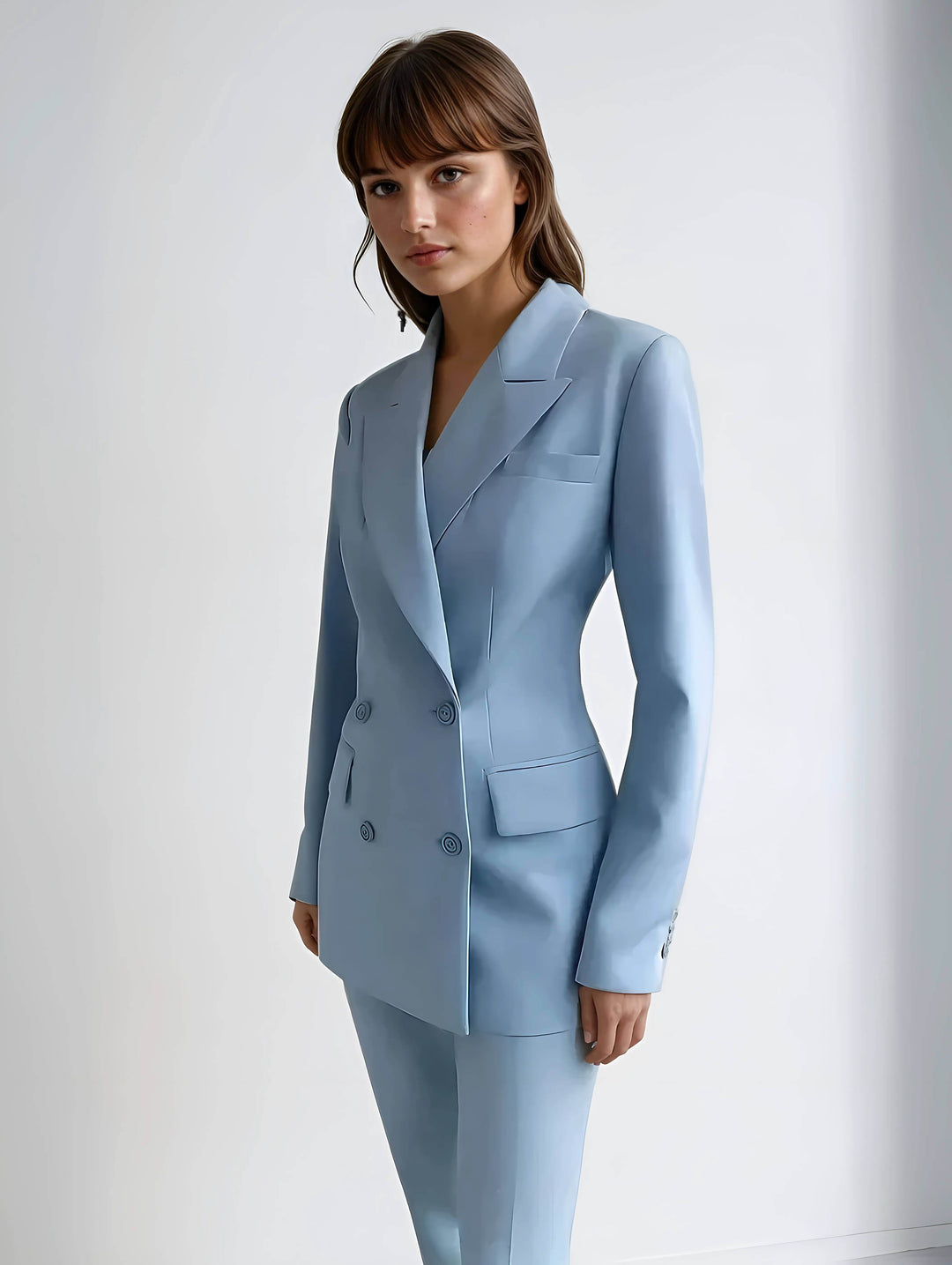 Women's tailored blazer and trousers set, ideal for professional office wear & business attire.