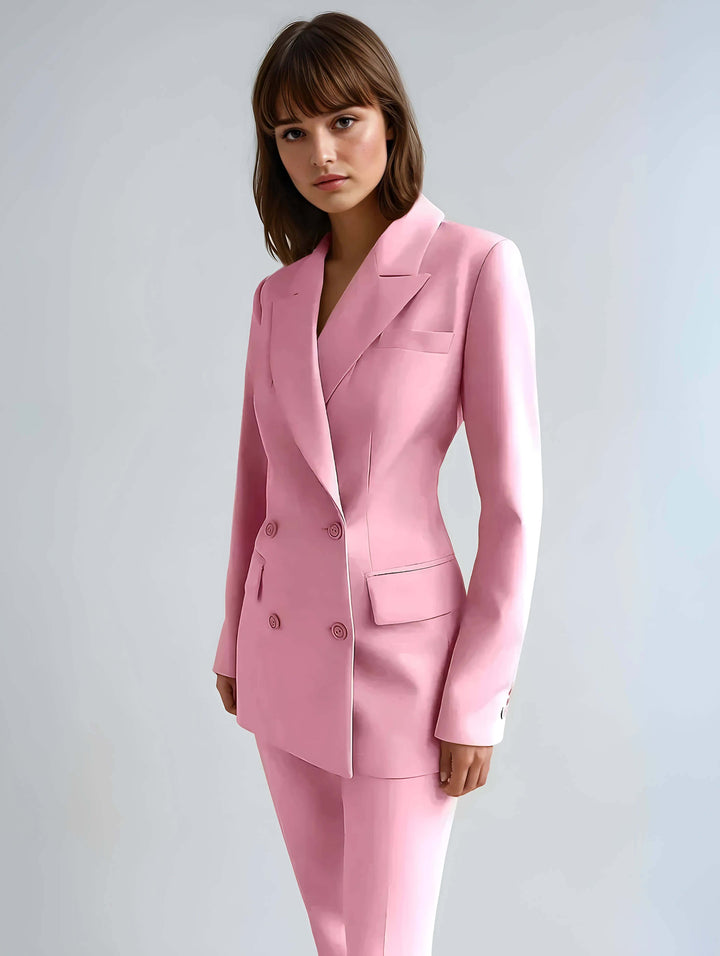 Elegant women's two-piece tailored suit with a sharp blazer and comfortable trousers.