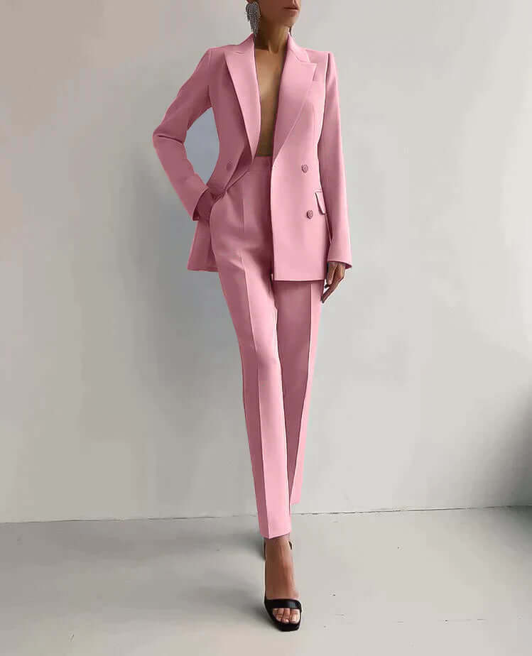 Chic tailored women's blazer and trousers set, offering a sharp, elegant, and professional look.