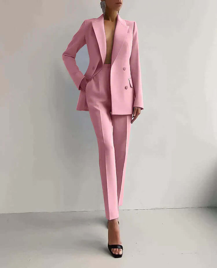 Chic tailored women's blazer and trousers set, offering a sharp, elegant, and professional look.