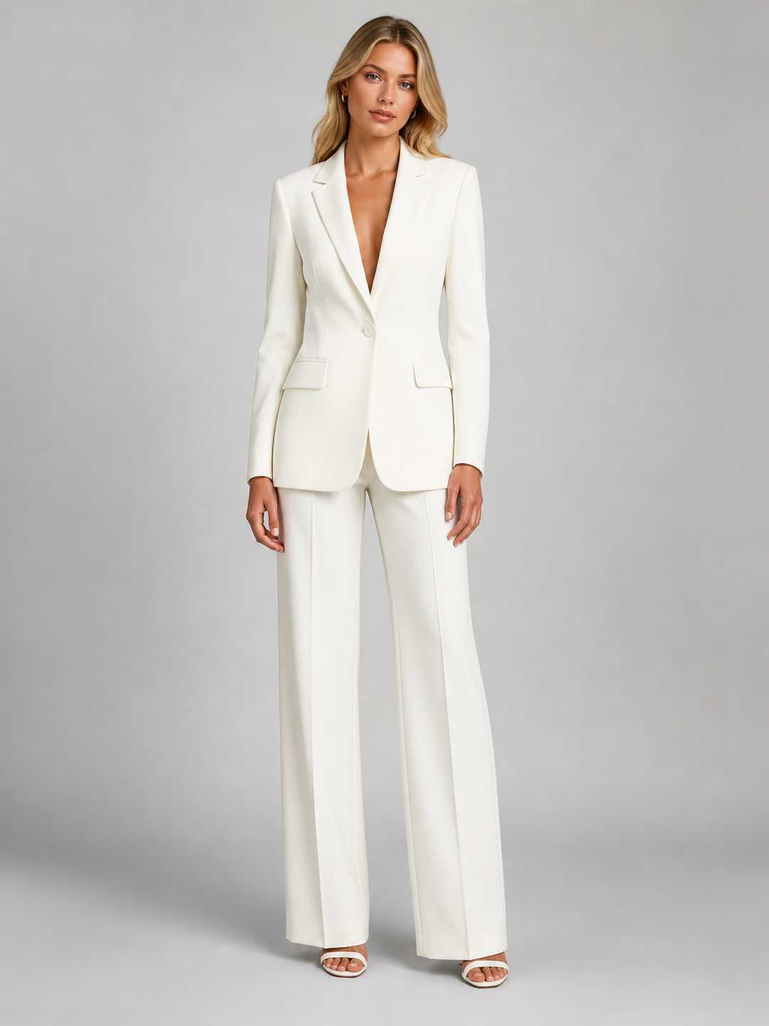 Elegant women's business suit: tailored blazer & wide-leg trousers for professional office attire.