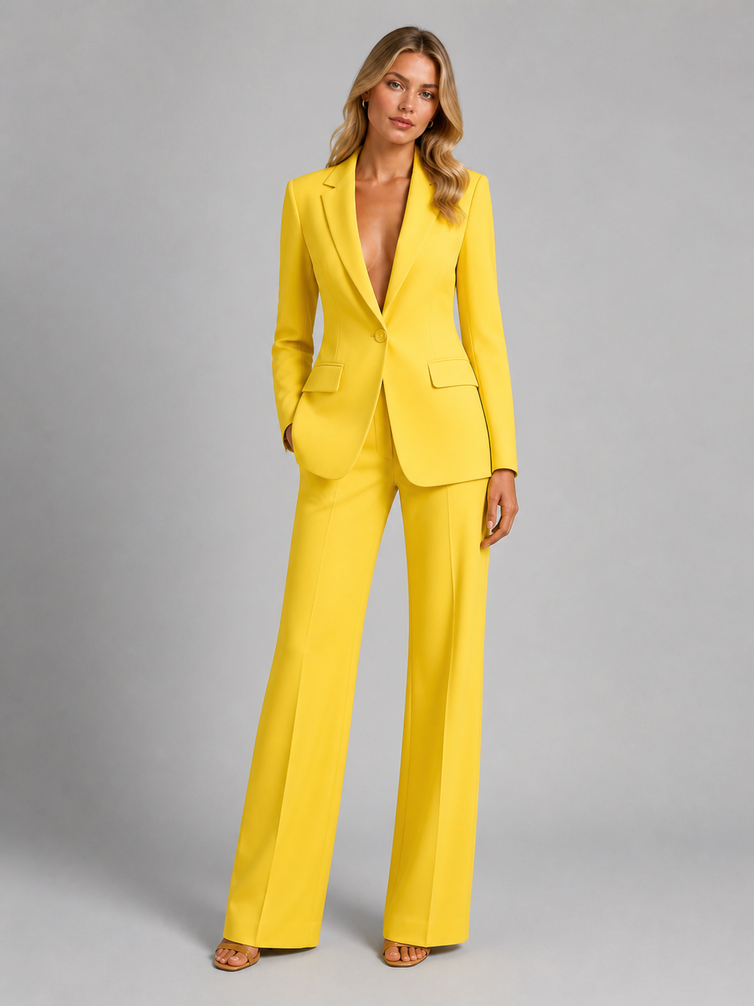Modern women's tailored two-piece set, featuring a sharp blazer and comfortable wide-leg trousers.