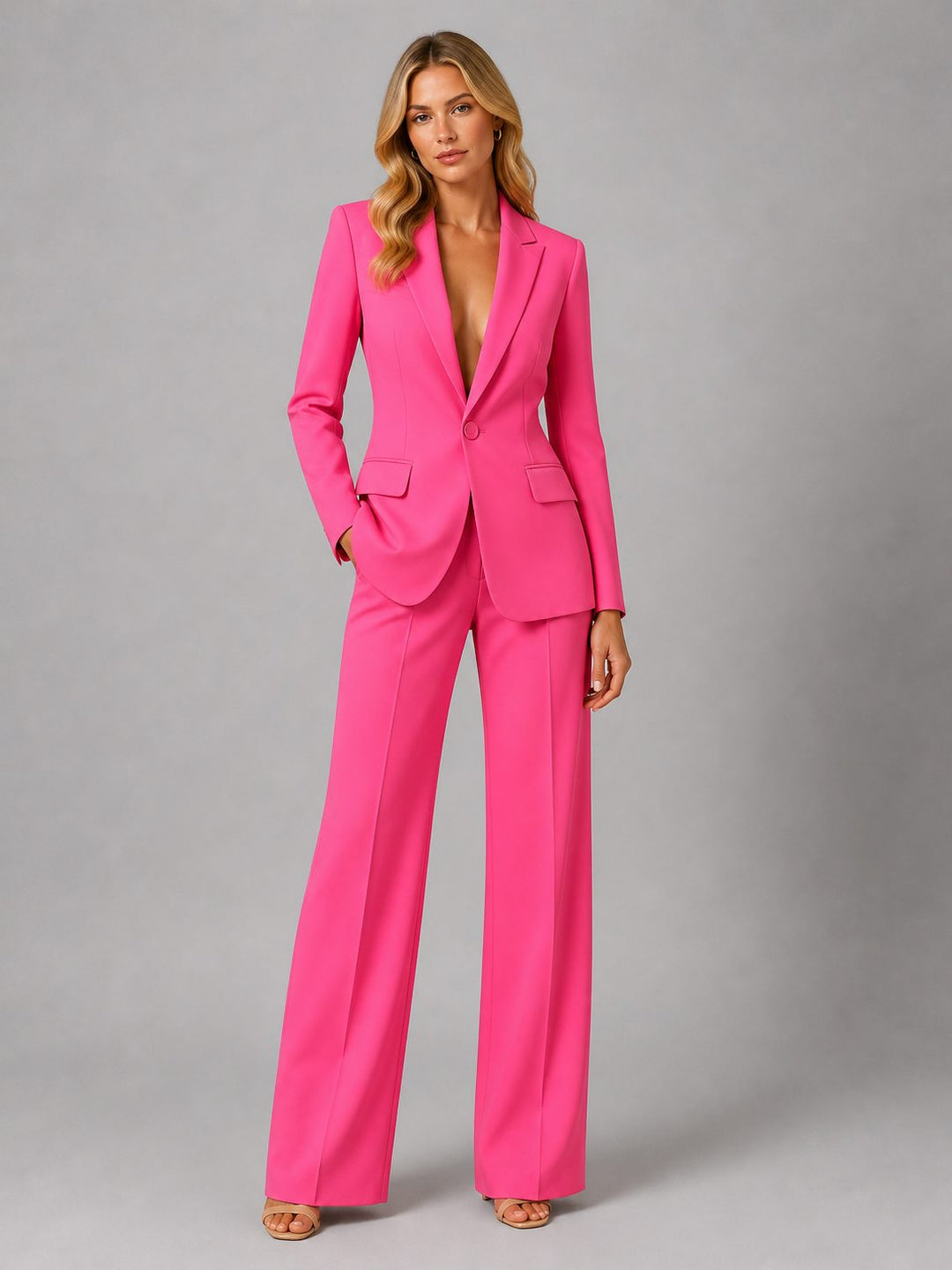 Modern women's tailored blazer and wide leg trousers suit set, offering elegant style and comfort.