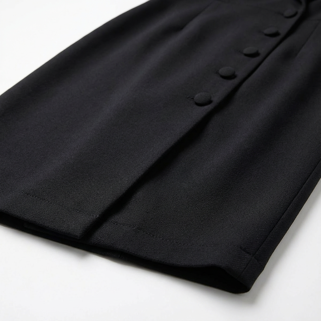 Modern women's tailored midi blazer dress, long sleeve, button-front, perfect for office or special occasions.