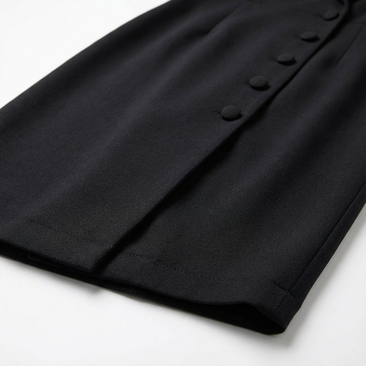 Modern women's tailored midi blazer dress, long sleeve, button-front, perfect for office or special occasions.