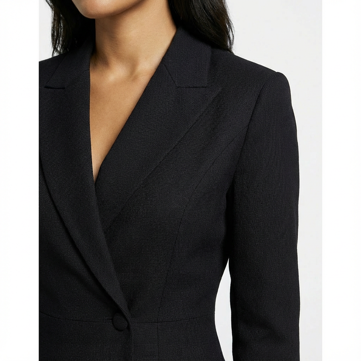 Women's professional workwear blazer midi dress, tailored and fitted, with a fashionable button front.